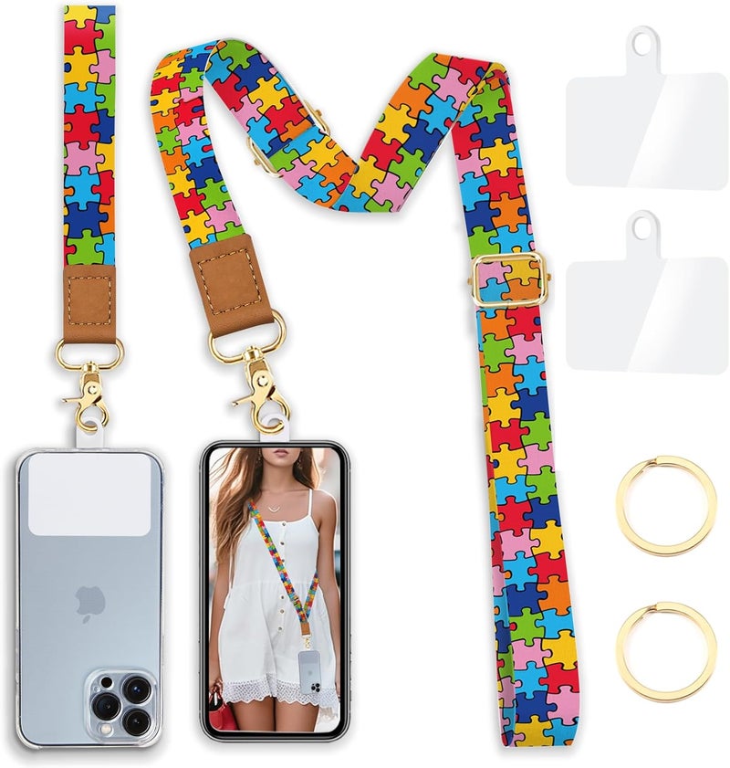 Yonlevres Phone Lanyard Wrist Strap Crossbody, Autism Puzzle Cell Phone Lanyard for around the Neck Wristlet Adjustable Strap Compatible with Most Smartphones for Keys Case ID Badges - Image 1